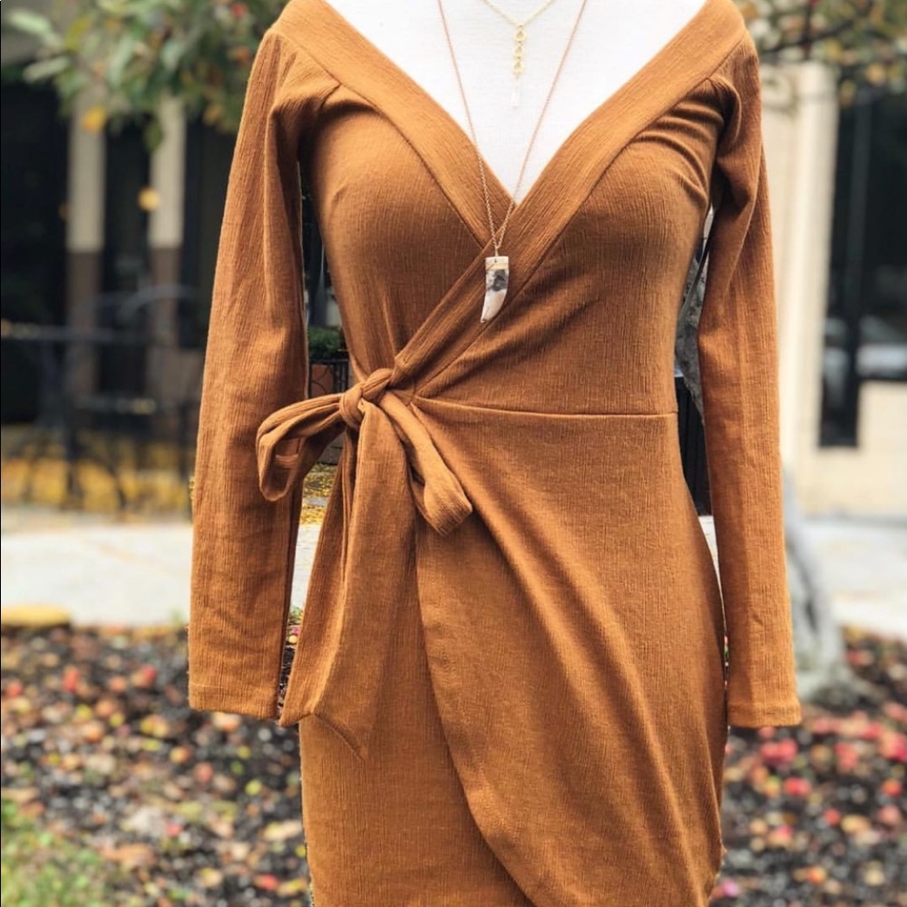 mustard off shoulder wrap dress